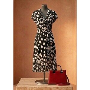 Retro Faux Wrap Black White Polka Dot Midi Dress Sheer Ruffle Size 6